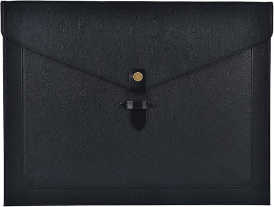 Black PU Leather File Folder, Snap Closure File Organizer, Important Document Folder with Pockets, Document Organizer, Laptop Sleeve Notebook Case, A4 Envelopes Filing Folder