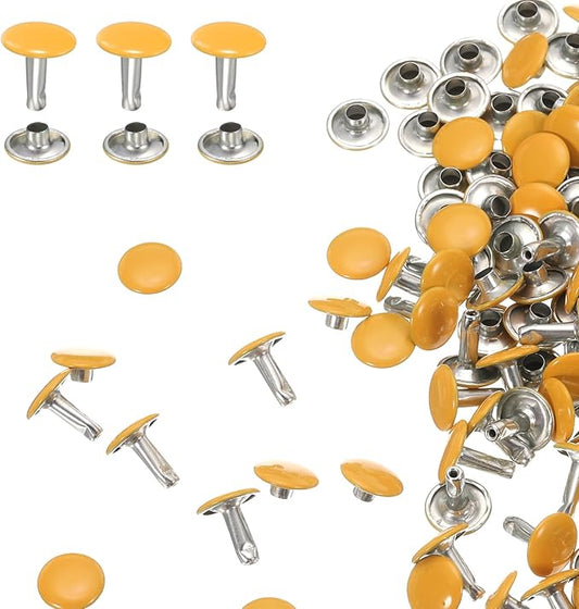 HARFINGTON 100 Sets Double Cap Leather Rivets, 10x10mm Round Cap Tubular Metal Studs Leather Crafting Rivets for Fabric Belt Pet Collar Boot Bag Repair and Decoration, Yellow