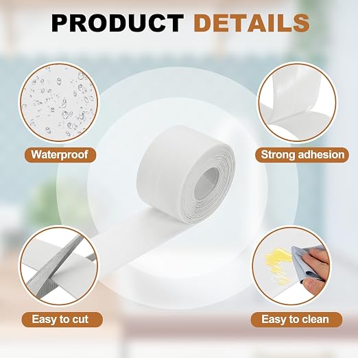 uxcell Caulk Tape Waterproof, 1.5 Inch x 16.4 ft Self-Adhesive Sealant Sealing Strip Caulking Sealant Tape PVC with Tool for Kitchen Sink Toilet Bathroom Bathtub Floor, White
