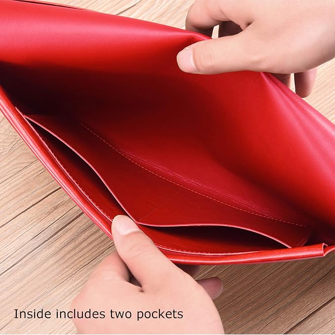 PU Leather A4 File Folder Document Holder Envelope Folder Case with Snap Closure for Receipt Contract Red