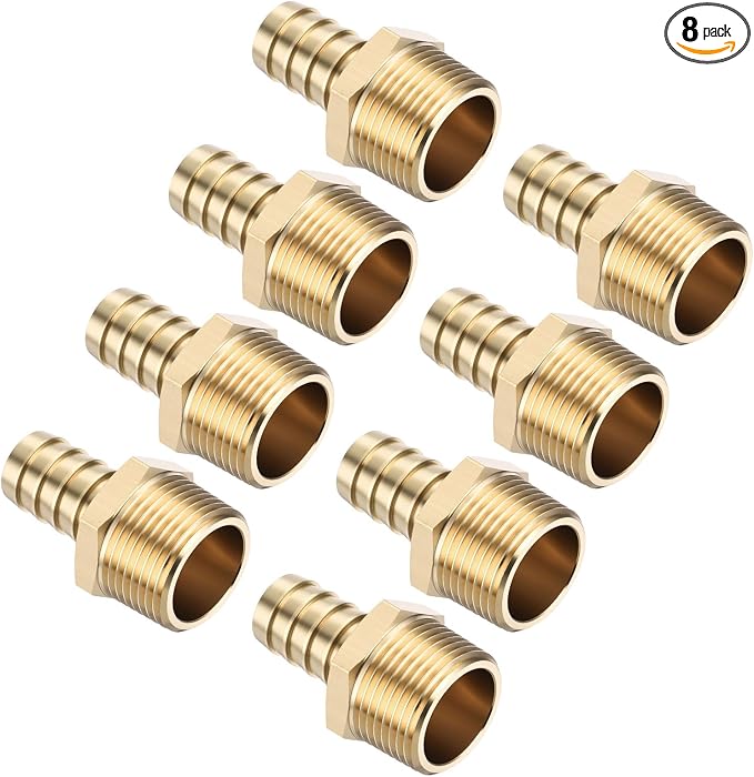 Pack of 8 Brass Hose Barb Fittings Adapter Connector 5/8" Hose Barb to 3/4" NPT Male Fittings for Home Machines, Massage Bathtubs, and Irrigation Systems