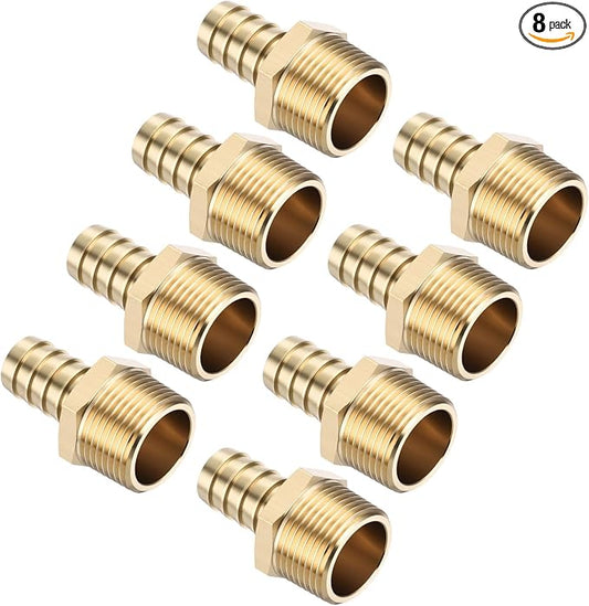 Pack of 8 Brass Hose Barb Fittings Adapter Connector 5/8" Hose Barb to 3/4" NPT Male Fittings for Home Machines, Massage Bathtubs, and Irrigation Systems