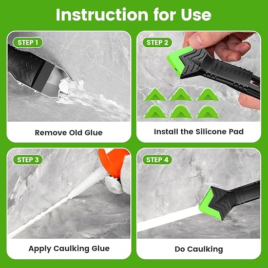 5 in 1 Silicone Caulk Remover Tool with 6 Replaceable Silicone Pads, Grout Scraper, Caulk Nozzles & Cleaning Tools, Reusable Sealant Finishing Tool for Kitchen Bathroom Window Tile Sink Seam Repair