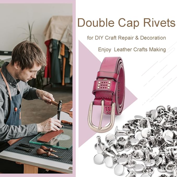 200Sets 8mm Round Double Caps Rivets, Leather Rivets Metal Tubular Studs for Bags Hats Shoes Clothing Leather DIY Craft Repair and Decoration (Silver)