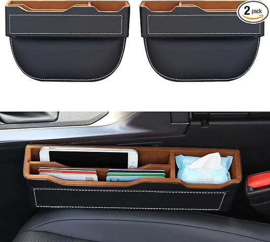 2-Pack Black Obsidian Car Seat Gap Filler - Premium Leather Wrapped Wood Organizer with Flocked Finish Universal Fit for Car SUV Truck Anti-Drop Console Side Storage Interior Accessories