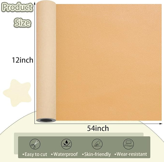 Khaki Leather Repair Patch Tape, 12×54 Inch Self Adhesive Leather Repair Kit Vinyl Repair Tape for Furniture, Sofa Leather Repair Patch Waterproof for Car Seat, Office Chair, Boat Cover 1 Roll
