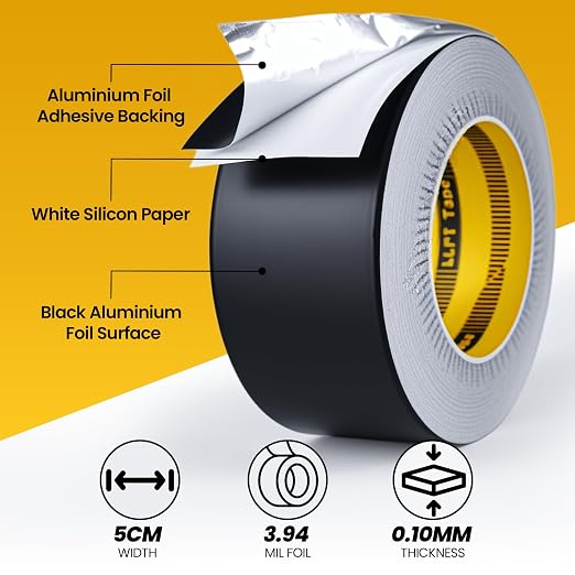 LLPT Aluminum Black Foil Tape 2 Inches x 55 Yards 3.94 Mil | Industrial Grade, Extra Thick, Strong Adhesive, No Residue, Weather Resistant for HVAC Sealing Hot Cold Air Pipe Metal Repair