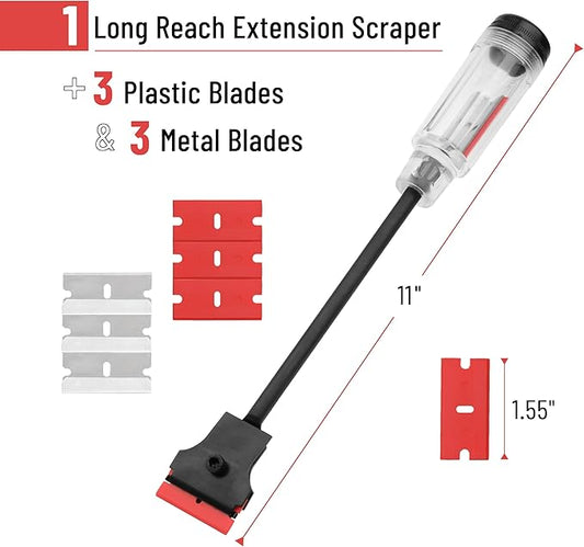 Bates- Long Reach Extension Scraper, 11-Inch, Razor Scraper with Extra 3 Double Edged Plastic & 3 Metal Blades, Long Handle Razor Blade Scraper, Razor Scraper, Window Scraper, Scraper Tool