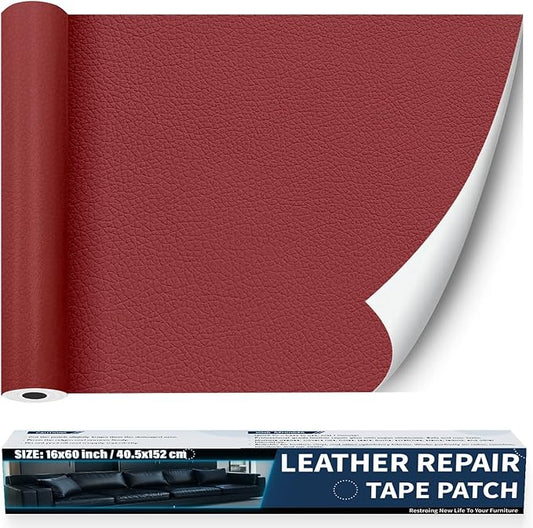 Zenyao Leather Repair Patch Tape - Self Adhesive Leather Repair Kit for Car Seat Furniture, Heavy Duty Vinyl Repair Patch for Couch Sofa, Waterproof for Rips Scratches Tears, 16x60 Inch Roll, Red