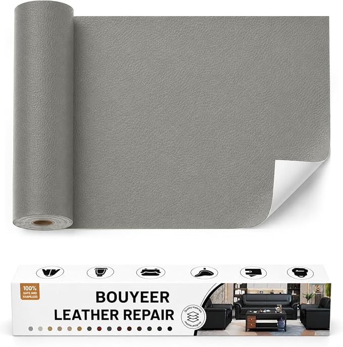 BOUYEER Leather Repair Patch Tape Kit,Self Adhesive Leather Repair for Sofa，Car Seat,Office Chair,Furniture,Jacket,Waterproof Strong Adhesive Vinyl Repair Kit. 16 in x 31 in,Grey
