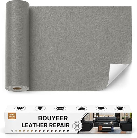 BOUYEER Leather Repair Patch Tape Kit,Self Adhesive Leather Repair for Sofa，Car Seat,Office Chair,Furniture,Jacket,Waterproof Strong Adhesive Vinyl Repair Kit. 16 in x 31 in,Grey