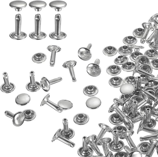 HARFINGTON 100 Sets Double Cap Leather Rivets, 9x12mm Round Cap Tubular Metal Studs Leather Crafting Rivets for Fabric Belt Pet Collar Boot Bag Repair and Decoration, Silver