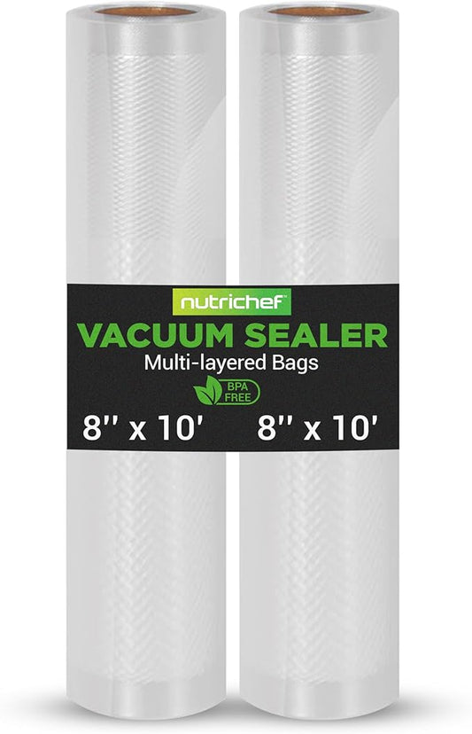 NutriChef Vacuum Sealer Bags 8x10 Rolls 2 Pack - Food Saver, Seal a Meal - Commercial Grade, Heavy Duty, Wrinkle Free, Keeps Produce Fresh, Ideal for Storage, Meal Prep, Sous Vide Cooking