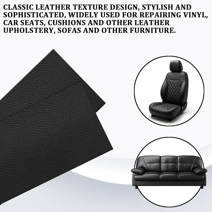 2 PCS 8 x 4 Inch PU Leather Patch for Car Seat Repair, Self-Adhesive Waterproof Vinyl Scratch Repair Kit, Breathable Leather Patches for Furniture, Car Upholstery, Couch, Sofa, Chair (Black)
