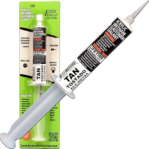– Acrylic Urethane Elastomeric Sealant – Pre-Filled Precision Caulk Gun – Tan – 1 oz Tube – Flexible & Durable Sealant for Trim, Baseboards, and Small Cracks
