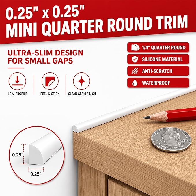 0.25" x 0.25" Mini Quarter Round Molding,40FT Self Adhesive Flexible Trim for Small Gaps, Countertop Wall Seam, Window Sill, Desk & Cabinet Edge, Peel and Stick Finishing Strip
