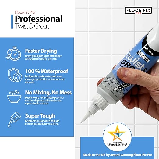 Floor-Fix Pro Twist & Grout Repair Kit – Premixed Waterproof Grout Repair & Grout Paint Pen Alternative–Fast Tile Grout Reviver for Bathroom, Shower & Kitchen–Crack-Resistant (Light Gray, 8.8 Fl Oz)