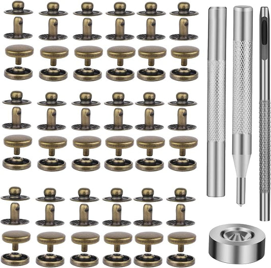 TLKKUE 50 Sets Leather Snap Fasteners Kit 10mm Bronze Metal Snap Buttons kit Stainless Steel with 4pcs Snap Fastener Installation Tools for Sewing Clothing, Bracelets, Jackets, Bags Belt, DIY Crafts