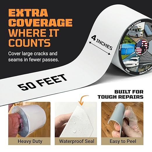 TITANPATCH PRO Waterproof Sealant Tape – White 4" x50' – Stops Leaks Fast & Stays Sealed for 15+ Years – Sticks to RVs, Roofs, Pools, Boats, Gutters – Built for Harsh Weather (-40°F to 190°F)