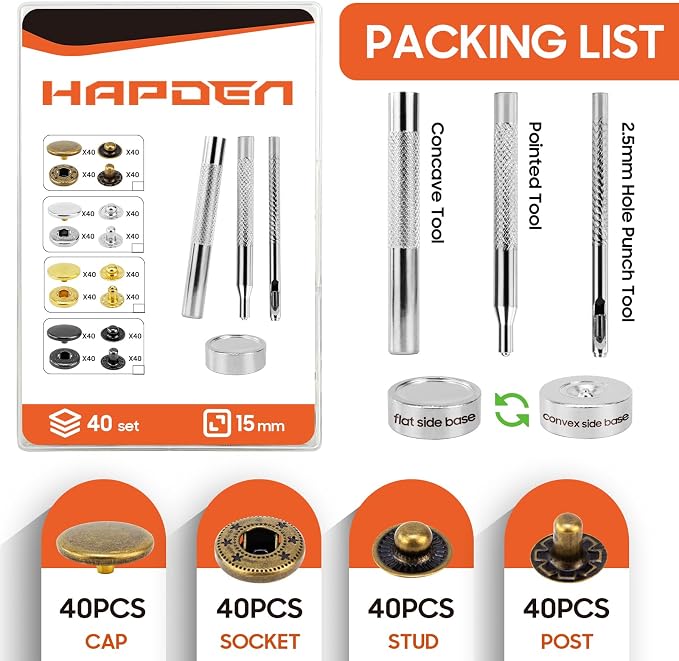 Leather Snaps and Fasteners Kit，15mm 40 Sets Metal Snap Buttons with Setter Tools， Sewing Snaps for Clothing，Fabric，Leather, Clothes, Jackets, Bags, DIY Crafting（Bronze）
