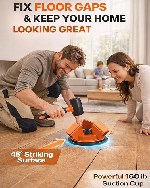 Floor Gap Fixer Tool 45° Striking Surface Pro, Laminate Flooring Repair Suction Cup Vinyl Plank Heavy Duty Iron Grabber Reusable Kit with Sticky Pads Cutter for Wood Tile Lvp Floating(#A-1pc)