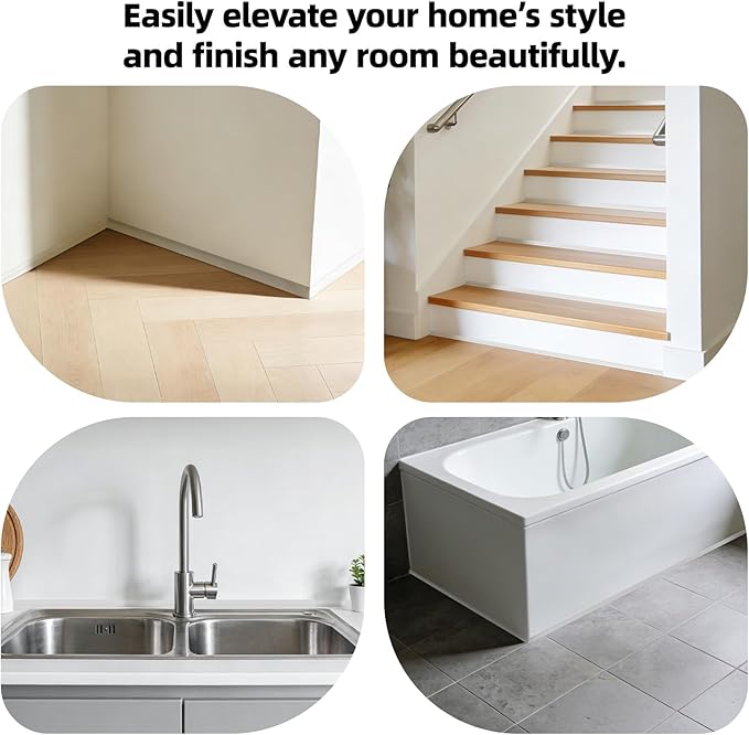 10Ft Quarter Round Trim L-Shaped Bendable Silicone Self-Adhesive Peel and Stick Molding for Floor Edge, Wall Corner, Stairs, Cabinet & Tub, White