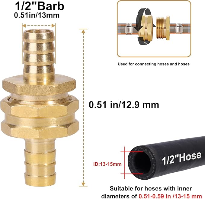 SIGURANTA Garden Hose Repair Connector with Clamps Hose End Repair Kit, 1/2"Barb Garden Hose Fittings Male and Female brass garden hose ends (1/2"Barb-10 Set)