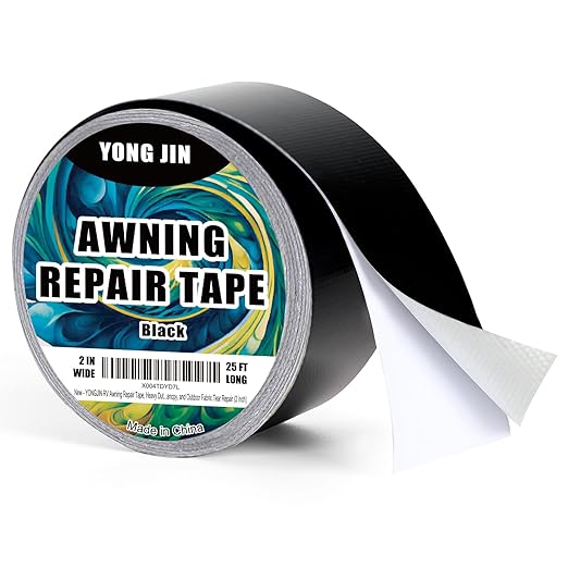YONGJIN RV Awning Repair Tape, Heavy Duty Outdoor Tent Repair Tape and Tarp Tape, Waterproof Tarp Patch Kit for Camper, Boat Covers, Leather, Canvas, Rubber, Plastic, Heat Resistant (2 inch)