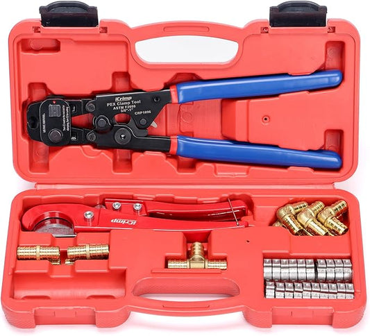 iCRIMP Ratchet Cinch Tool with Removing Function for 3/8 to 1-inch Stainless Steel Clamps and 20pcs 1/2-inch PEX Clamps and 12pcs 1/2-inch Pex Fittings