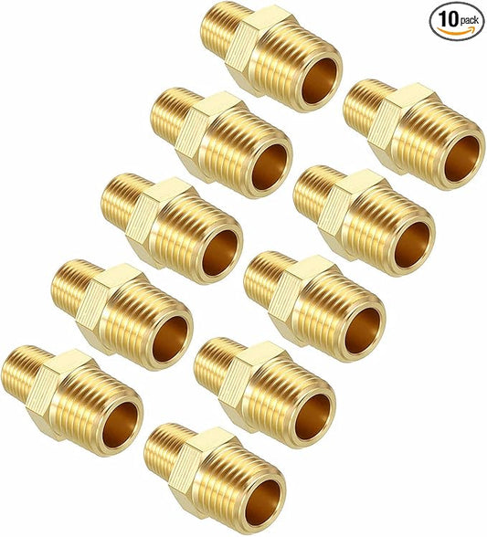 Pack of 10, 1/4" MNPT To 1/8" MNPT Solid Brass Hex Nipple Hose Connectors W/Sealing Tapes, Male Pipe Adapter for Pipe Leak Repair, Bathroom Remodeling, Tool Extension, Compression