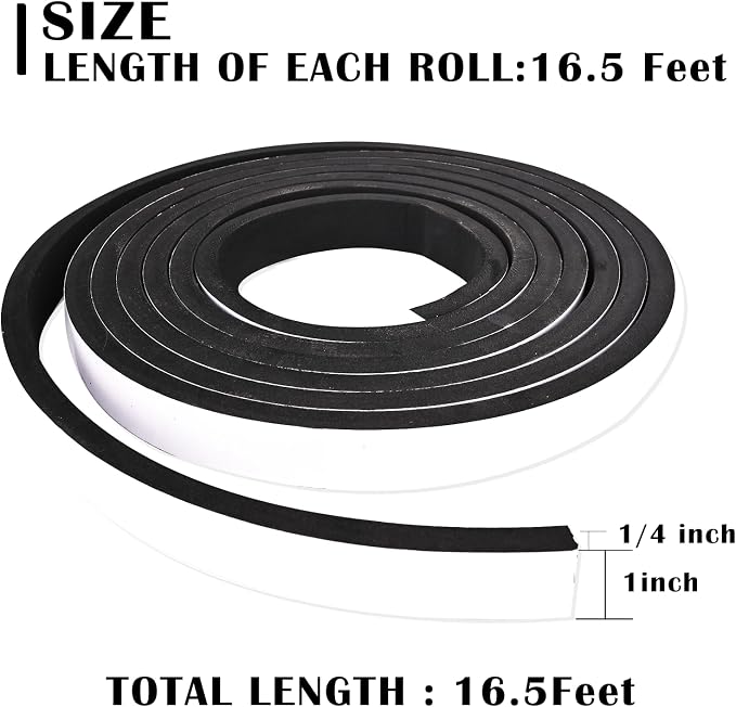 1 inch Wide x 1/4 inch Thick Black Foam Weather Stripping,Closed Cell Foam Insulation Tape with Self-Adhesive,Single Sided Weatherstrip for AC Window, Door Seal,High Density Weather Strip 16.5 Feet