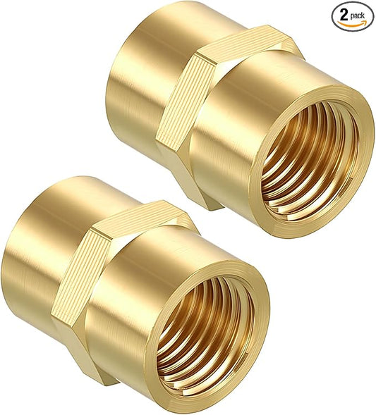 Pack of 2, 1/4" FeMale NPT to 1/4" FeMale NPT Solid Brass Pipe Fitting Coupler, Brass Coupling Hose Fittings Adapter for Pipe Leak Repair, Bathroom Remodeling, Tool Extensions