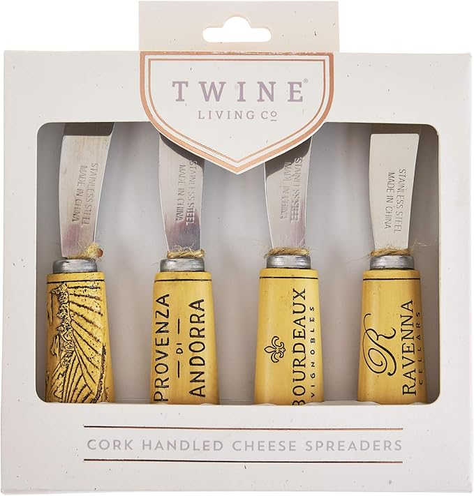 Twine Cork Handle Cheese Spreaders Knives Set - Appetizer Serving Knives - Cream Cheese Spreaders - Set of 4