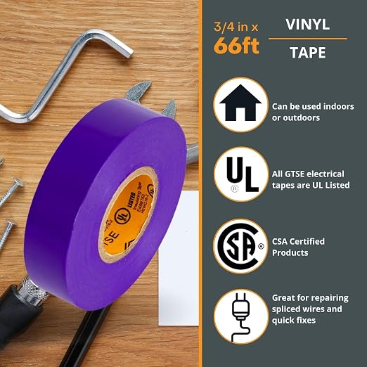GTSE Purple Electrical Tape, 3-Pack – Waterproof, Industrial Grade Vinyl, 3/4 in x 66ft– Strong Self-Adhesive PVC Electric Tape for Wire Insulation, 7 Mil, 600V – UL/CSA Listed