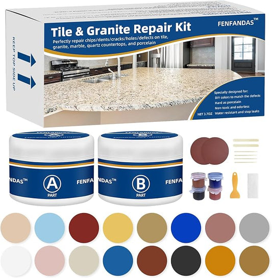 FENFANDAS Tile and Granite Repair Kit, Marble Porcelain Stone and Quartz Countertops Repair Kit for Chips Dents Cracks Holes Scratch, Fix Chipped Edges Corners, Reattaches Missing Pieces