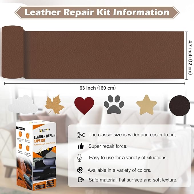 Leather Repair Tape, 4.7x63 inch Leather Patches for Furniture, Self Adhesive Leather Repair Patch for Sofas, Couches, Leather Covers, Seats, Chairs, Vinyl Repair Tape Beige White