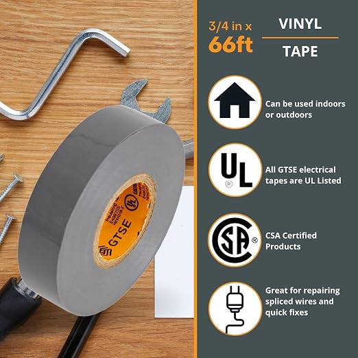 GTSE Gray Electrical Tape, 1 Roll – Waterproof, Industrial Grade Vinyl, 3/4 in x 66ft– Strong Self-Adhesive PVC Electric Tape for Wire Insulation, 7 Mil, 600V – UL/CSA Listed