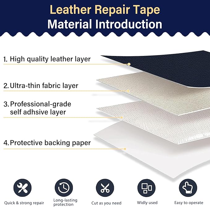 Zenyao Leather Repair Patch Tape - Self Adhesive Leather Repair Kit for Car Seat Furniture, Heavy Duty Vinyl Repair Patch for Couch Sofa, Waterproof Fix for Tears, 12x30 Inch Roll, Navy Blue