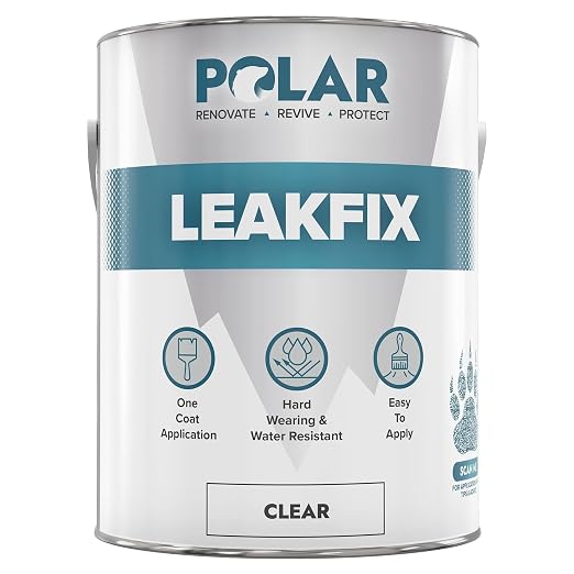Polar Specialist Coatings Clear Leak Fix Paint - 85 oz - One Coat Waterproof Sealant with Reinforced Fibers, Instantly Seals Leaks & Cracks for Roofs, Drainpipes and Gutter Repairs for Exterior Use
