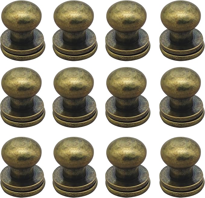 Denailey 12 Sets Solid Brass Round Head Button Stud Screw Leather Rivet Chicago Screws Button Rivets for Leather Craft Belt Wallet Handbag Repairs Decoration (Round Head Size 8mm, Antique Brass)
