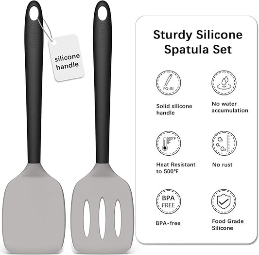 Coukre 2 Pack Silicone Spatula Set, High Heat Resistant, BPA Free Kitchen Spatula, Solid & Slotted Turner for Non-Stick Pans, Sautéing, and Flipping (2, Gray)