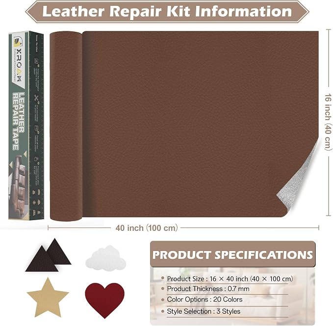 Leather Repair Tape, 16x40 inch Leather Patches for Furniture, Self Adhesive Leather Repair Patch for Sofas, Couches, Leather Covers, Seats, Chairs, Vinyl Repair Tape Brown