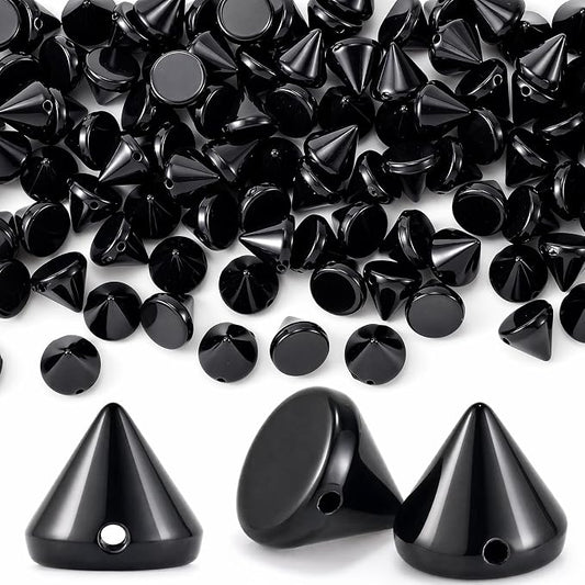 OIIKI 100 PCS 8mm ABS Bullet Spike Cone Studs, Glossy Black | Rivets Cone Spike Studs Beads, Flat Back Punk Spikes DIY Crafts Studs Glue on Decoration for Clothing Leather Belt Bag Trims