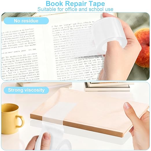 Engorgio Clear Strong Waterproof Adhesive Archival Safe Book Repair Tape, 2Inch x 16.5Ft - Removable Book Binding Tape for Old Books, Broken Pages, Textbook Spine & Library Repair Supplies.