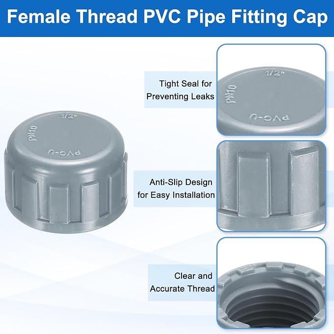 uxcell 12Pcs 1/2 Inch PT Female Thread PVC Pipe Fitting Cap, Cleanout Water Drain End Caps, Pipe Plug Socket Fittings with Tape for Water Heater Supply Lines, Plumbing, Gray