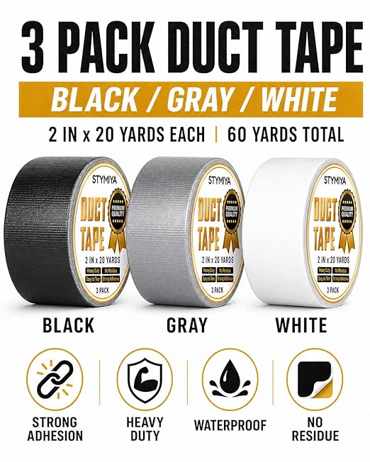 Black Duct Tape Heavy Duty: Wide Waterproof Outdoor Duck Furniture Repair Tape Bulk - Strong Adhesive Weather UV Resistant No-Residue Masking Tapes Patterns Variety Pack (3, White+Grey+Black)