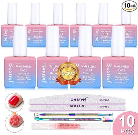 Gel Nail Polish Remover 10 Pack Professional Gel Polish Remover Non-Irritating Quick Easy, Nail Polish Gel Remover Tools Kit Nail File Cuticle Pusher File Grit, No Need For Foil Soaking Or Wrapping