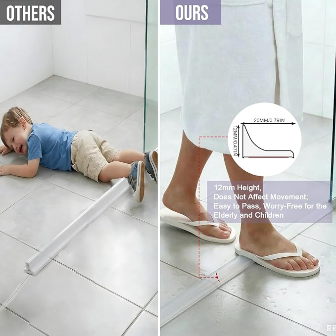 Shower Threshold Water Dam Barrier - Versatile, Silicone Shower Water Guard Stopper Seal Strip for Bathroom Floor, Bathtub Rim, Kitchen Countertop (Transparent, 98 In/ 2.5M)