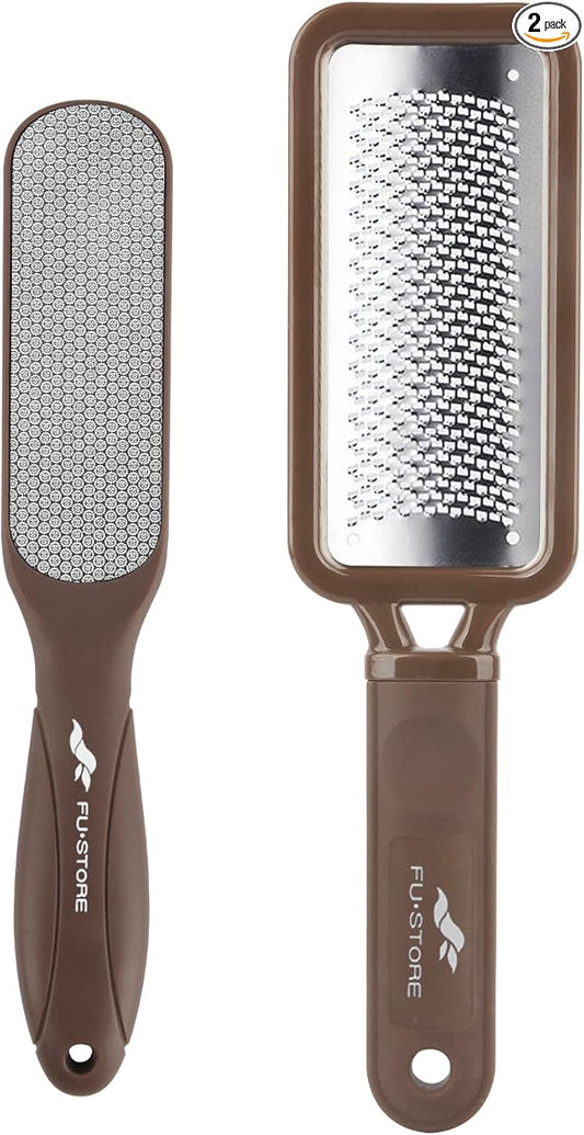 Fu Store 2 Pack Foot Files Callus Remover Stainless Steel Foot Rasp and Dual Sided Feet File Professional Scrubber Pedicure Tools Premium for Feet Care Remove Hard Skin, Brown