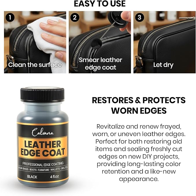 Black Leather Edge Coat with Built-in Applicator - Flexible, Water-Resistant Edge Sealer & Finish for Purses, Belts, Shoes, Bags, Furniture & More (4oz)